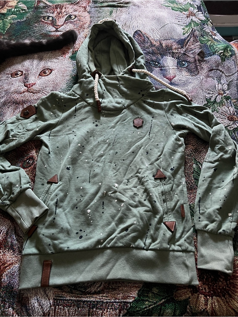 Naketano Olive Green Hooded Pullover with Paint-Splatter